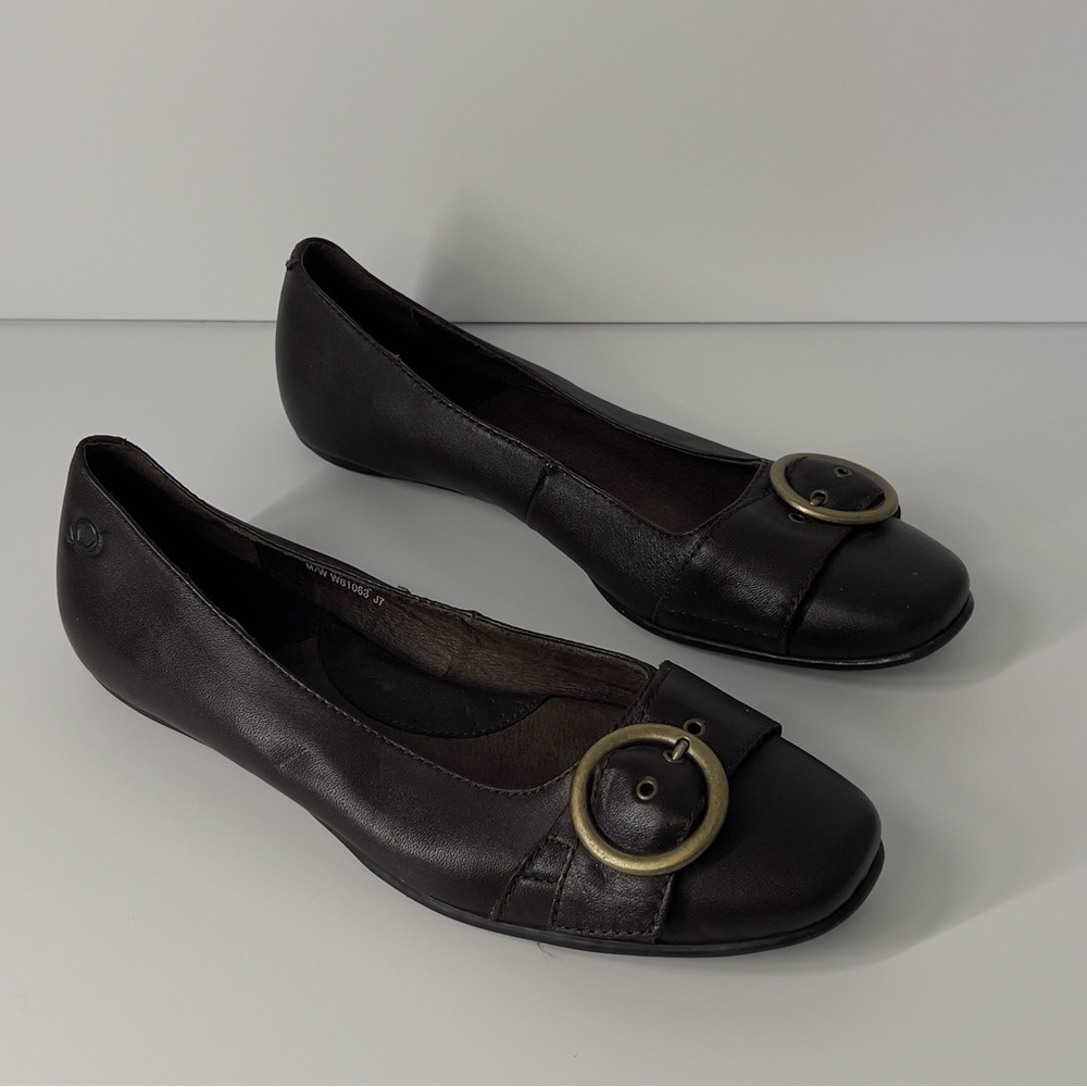 BORN Women’s Size 7.5 Brown Slip On Ballerina Flat Gold Buckle Detail